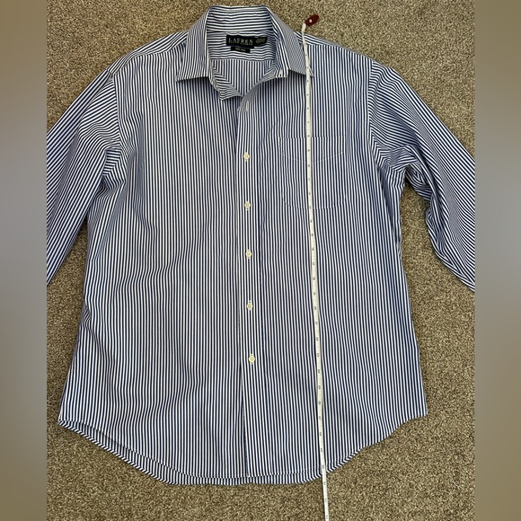 Lauren Ralph Lauren Shirt Men’s Sz 16 Non Iron Classic Fit Blue Stripe Button Up - Picture 7 of 12